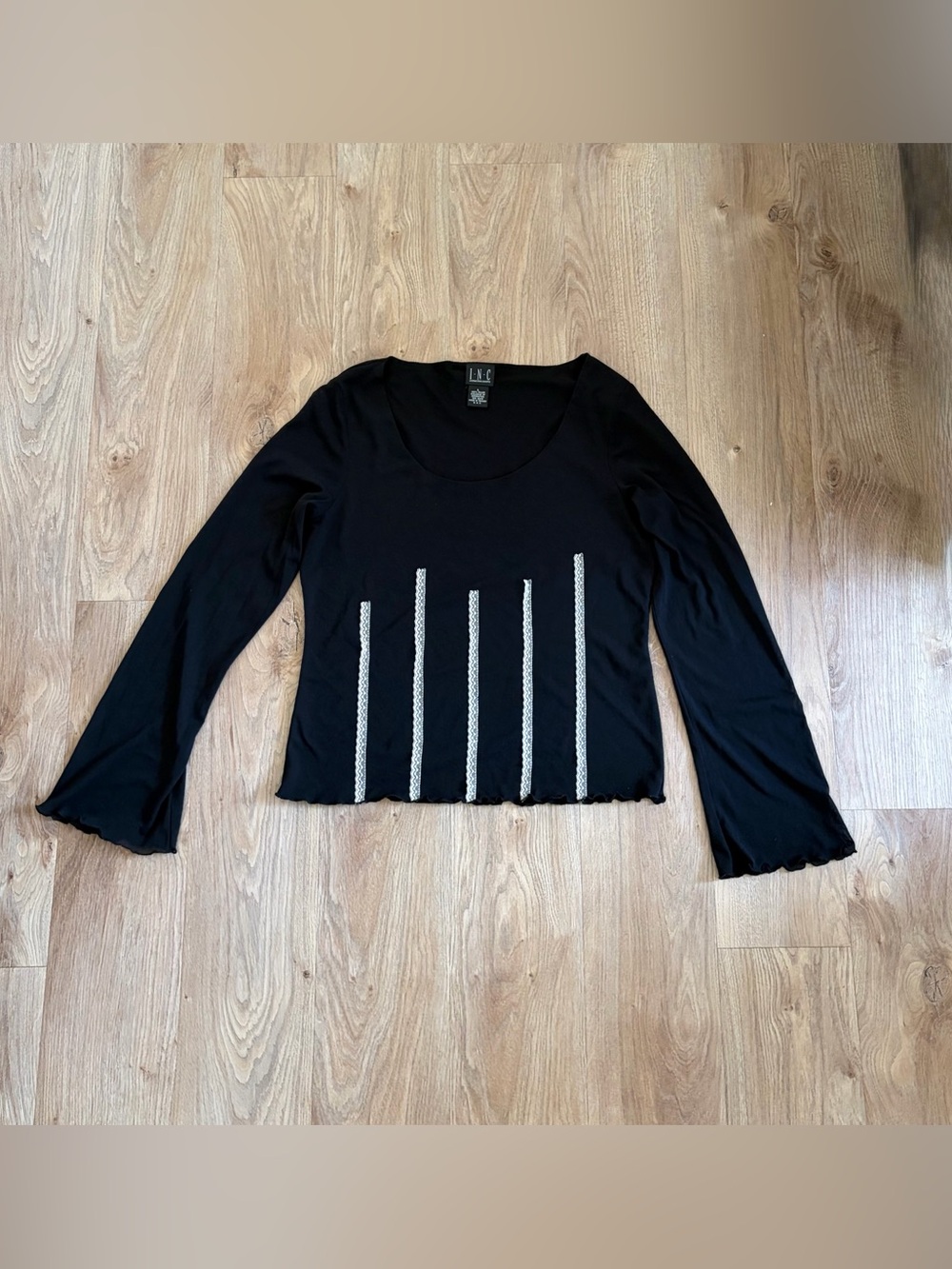 INC International Concepts Black Long-Sleeve Bat Wings Lace Stripes Sz L